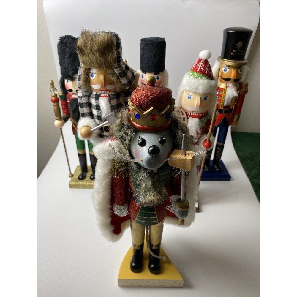 Set Of 6 Large Wood Nutcracker Christmas Holiday Decor: Santa, Rat, Soldier